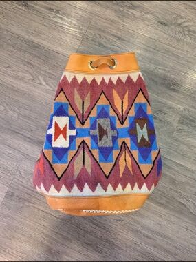 Wool Drawstring Backpack From Ecuador in Rust, Blue & Tan